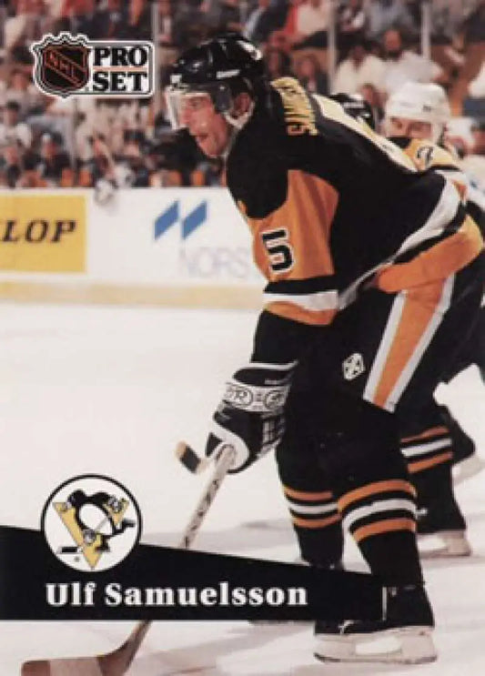 NHL Pro Set hockey card of Ulf Samuelsson in Pittsburgh Penguins black and gold uniform