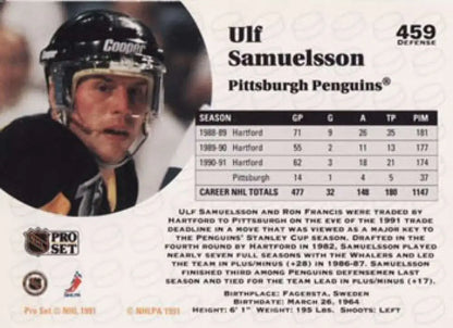 Hockey player Ulf Samuelsson in black Pittsburgh Penguins gear for Pro Set hockey card