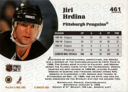 Hockey card of Jiri Hrdina in black helmet, Pittsburgh Penguins 1991-92 Pro Set