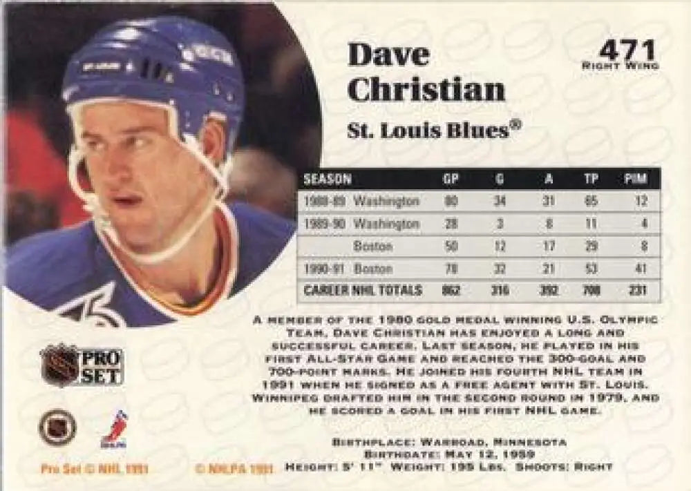 Hockey trading card of Dave Christian, San Jose Sharks player in blue helmet