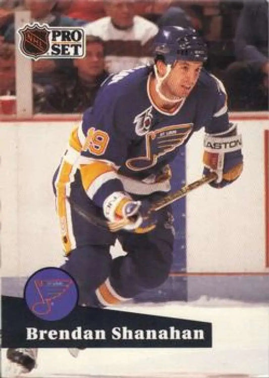 NHL Pro Set hockey card of Brendan Shanahan in blue and yellow St. Louis Blues uniform