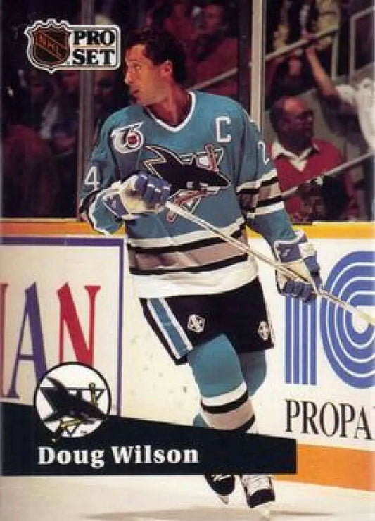 NHL Pro Set Doug Wilson hockey card featuring San Jose Sharks player in teal uniform