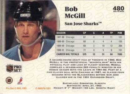 NHL Pro Set trading card featuring Bob McGill of the St. Louis Blues hockey team