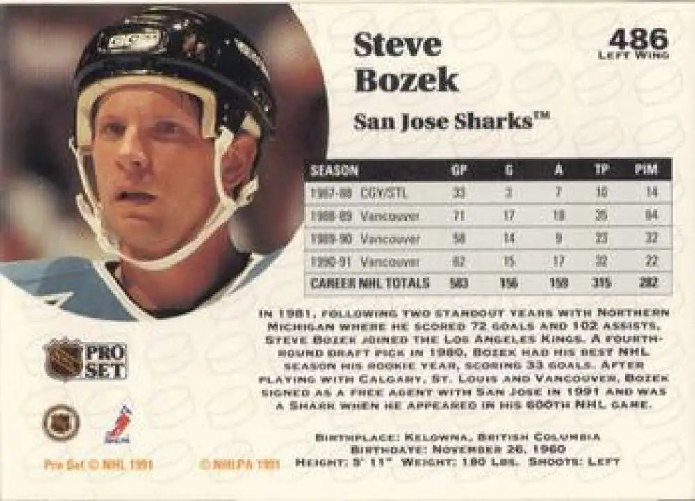 1991-92 Pro Set #486 Steve Bozek Hockey Card featuring St. Louis Blues statistics