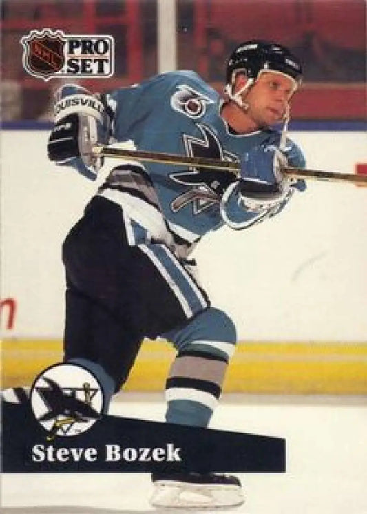 NHL Pro Set hockey card featuring Steve Bozek of the St. Louis Blues taking a shot