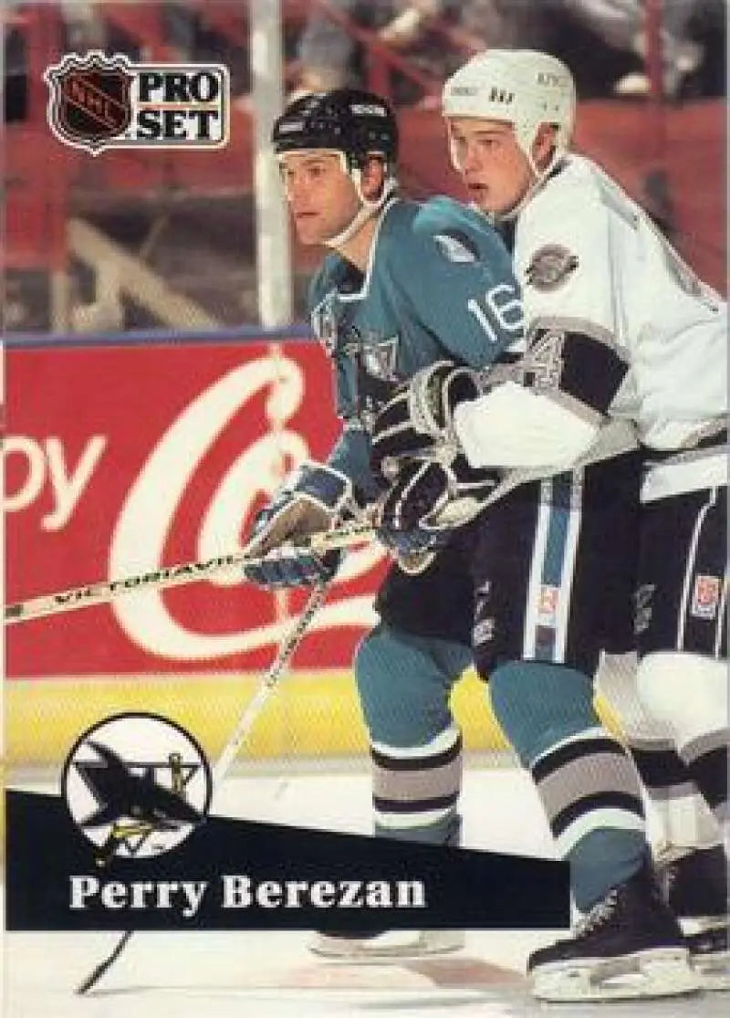 NHL Pro Set hockey card of Perry Berezan of the Louis Blues in a teal jersey action scene