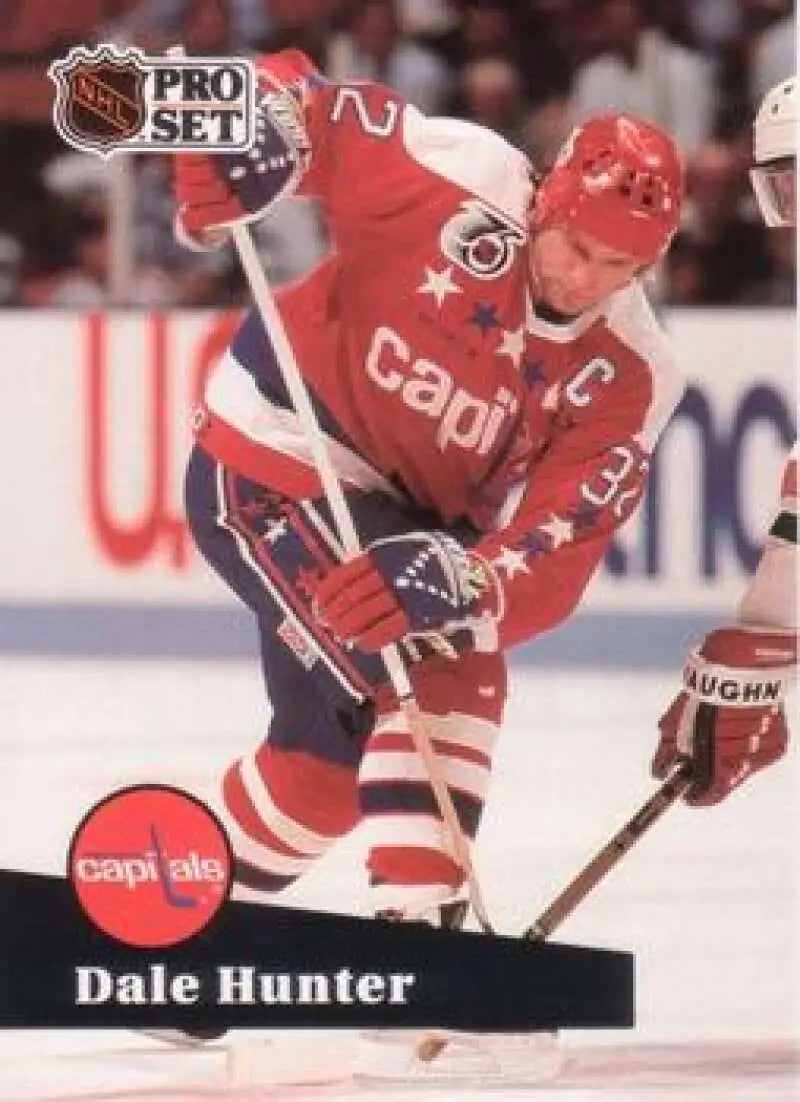 Washington Capitals player Dale Hunter in red jersey skating on hockey card