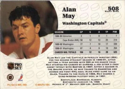 Hockey card featuring Alan May with stats for Washington Capitals 1991-92 Pro Set 508