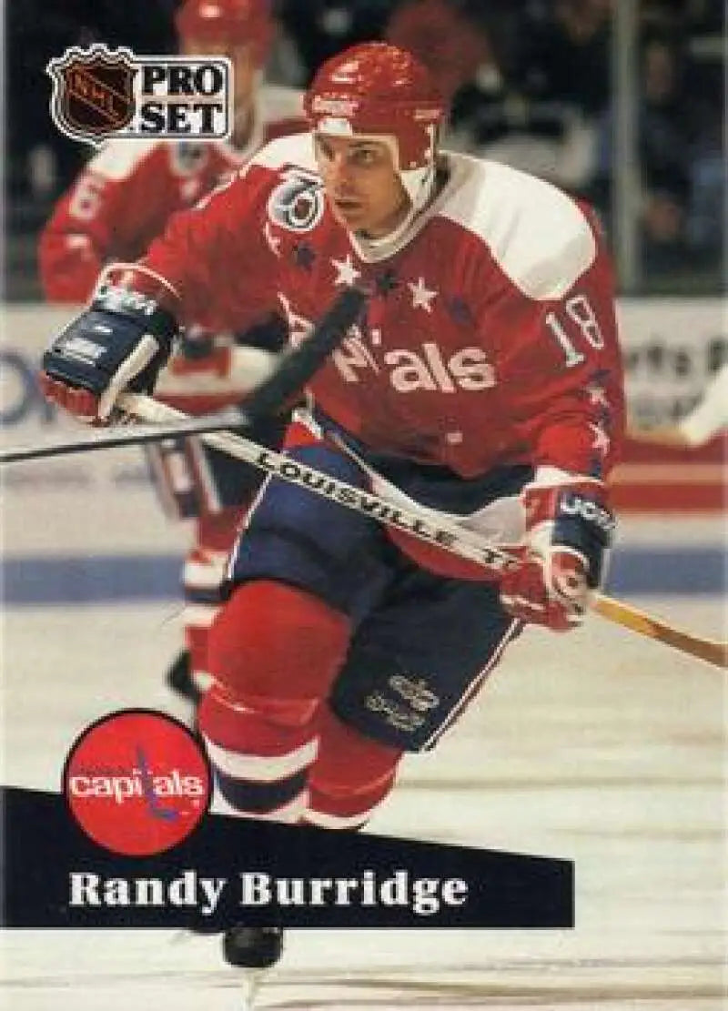 Randy Burridge hockey card featuring a Washington Capitals player in red and white uniform