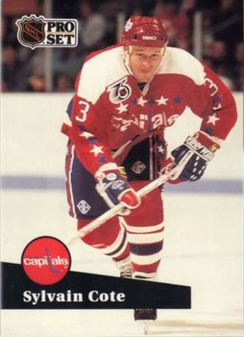 Hockey card of Sylvain Cote in red Washington Capitals jersey with stars design