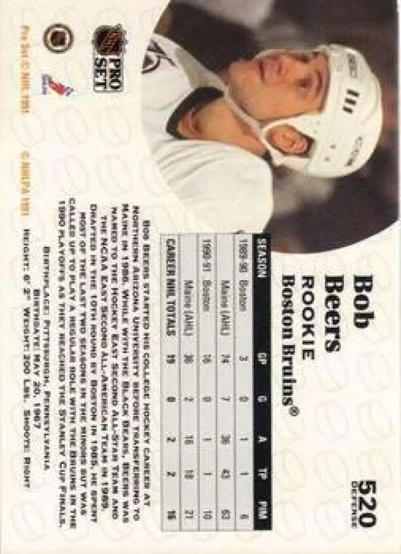 Bob Beers Boston Bruins Hockey Card in White Uniform and Cap from 1991-92 Pro Set