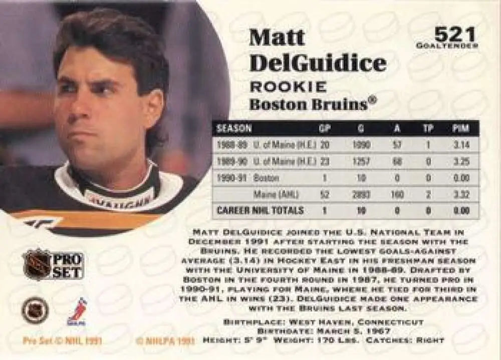 Matt DelGuidice Boston Bruins rookie hockey card from Pro Set 1991-92