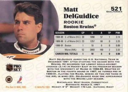 Matt DelGuidice Boston Bruins rookie hockey card from Pro Set 1991-92