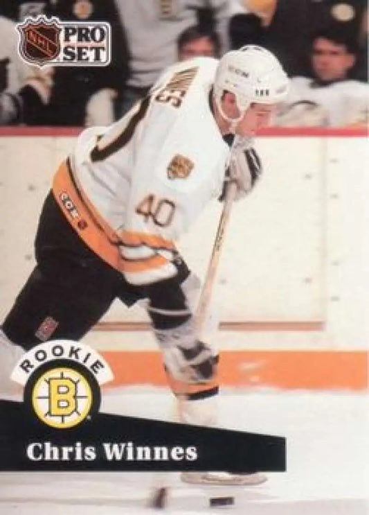 NHL Pro Set card of Chris Winnes, Boston Bruins player in white jersey number 40