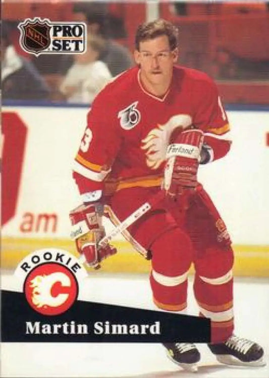 Hockey player in red Calgary Flames jersey for Martin Simard hockey card display