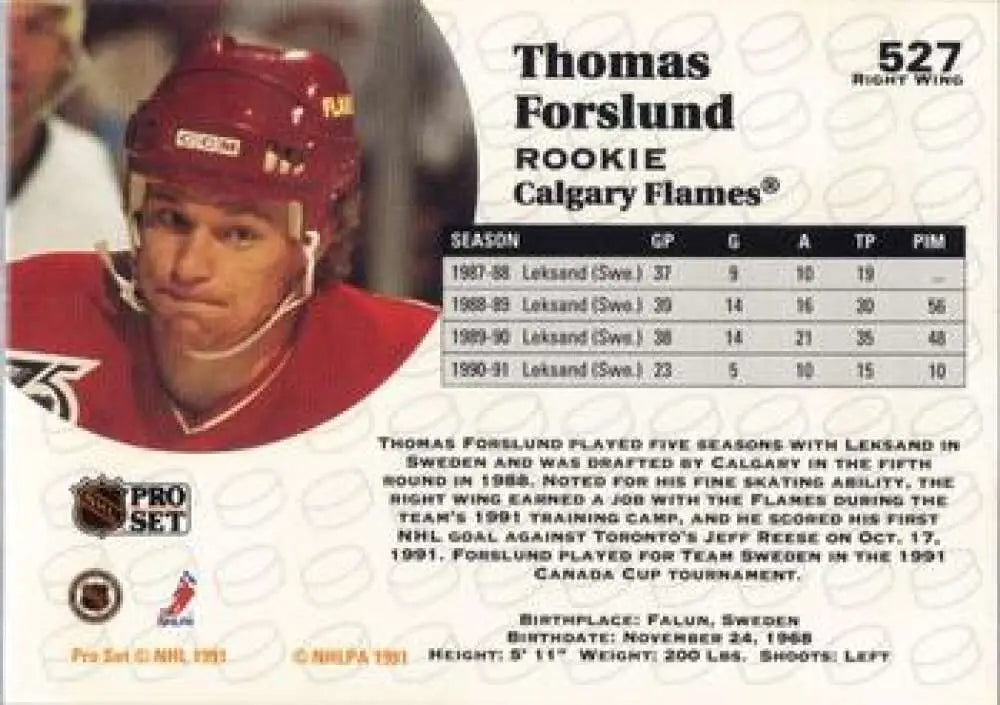 Hockey trading card of Tomas Forslund from Calgary Flames Pro Set 1991-92