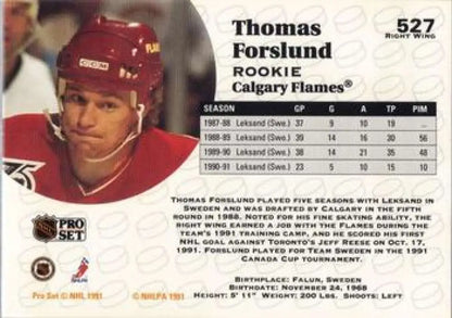 Hockey trading card of Tomas Forslund from Calgary Flames Pro Set 1991-92