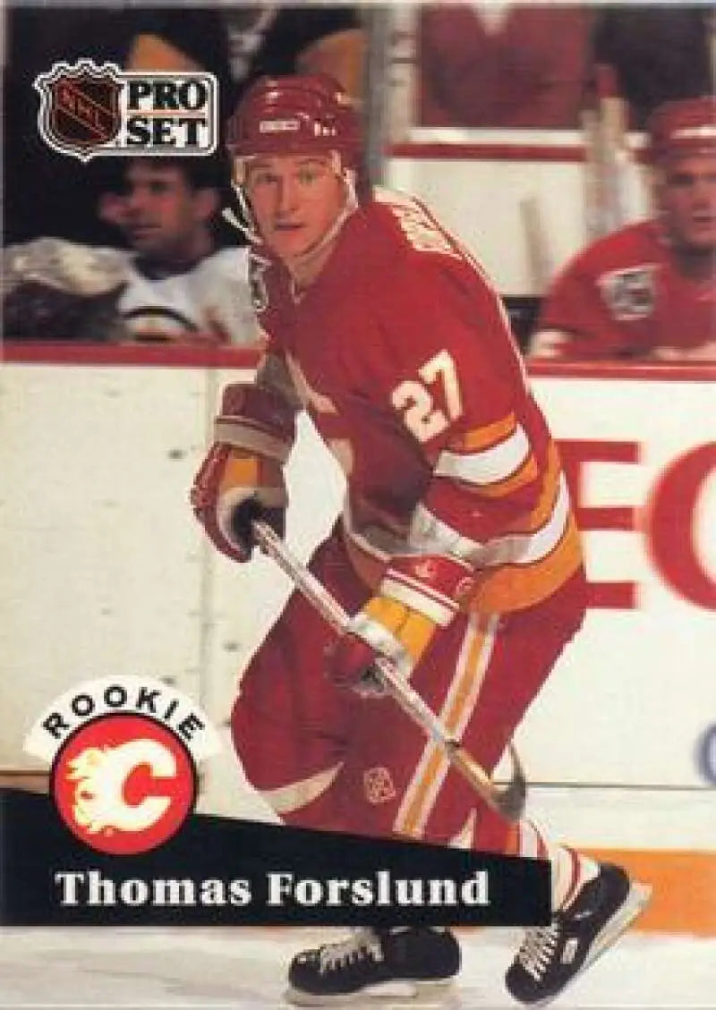 NHL Pro Set hockey card of Tomas Forslund in Calgary Flames red and yellow uniform