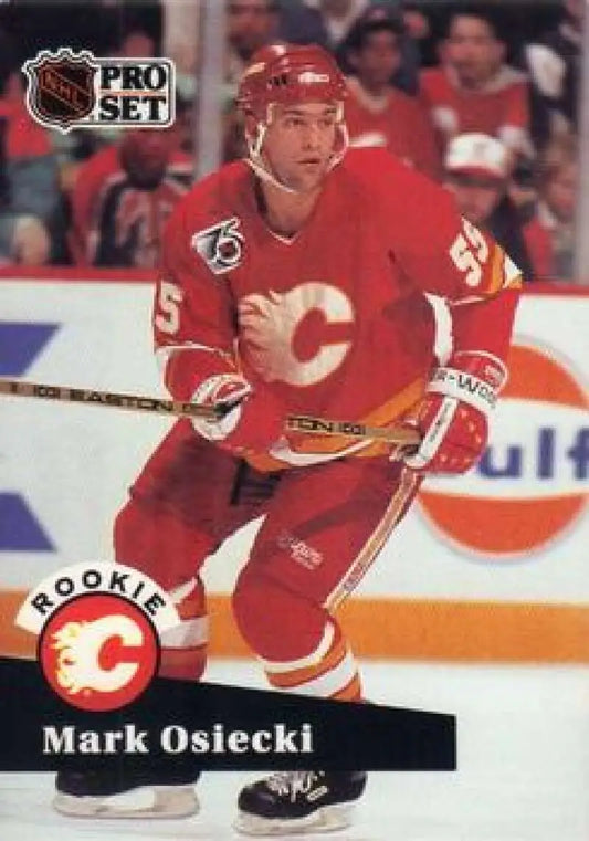 Hockey player in red Calgary Flames jersey representing Mark Osiecki on ice