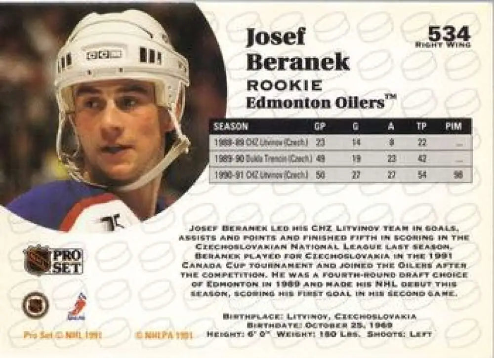 1991-92 Pro Set Josef Beranek Edmonton Oilers hockey card featuring player in team jersey