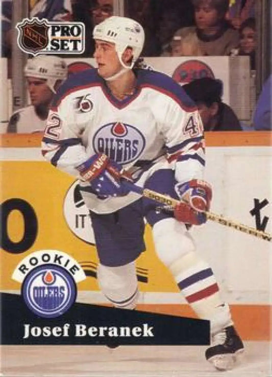 Hockey card of Josef Beranek in white Edmonton Oilers jersey with blue and orange trim