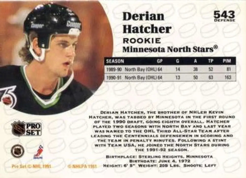 Hockey trading card of Derian Hatcher, Minnesota North Stars player in black helmet and jersey