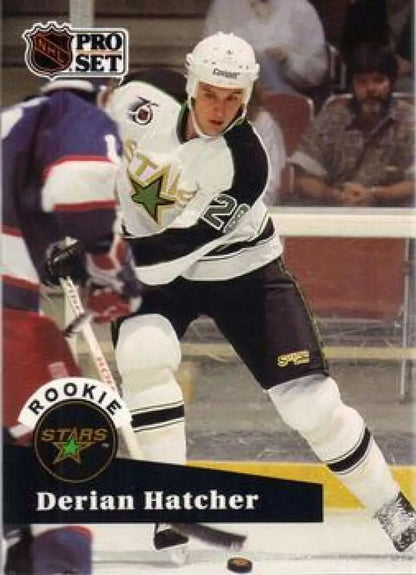 NHL Pro Set hockey card of Derian Hatcher in Minnesota North Stars uniform