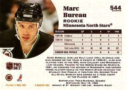 Minnesota North Stars Marc Bureau hockey card from 1991-92 Pro Set shows player in black jersey