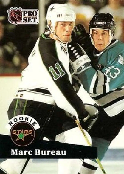 NHL Pro Set trading card of Marc Bureau with Minnesota North Stars in game action