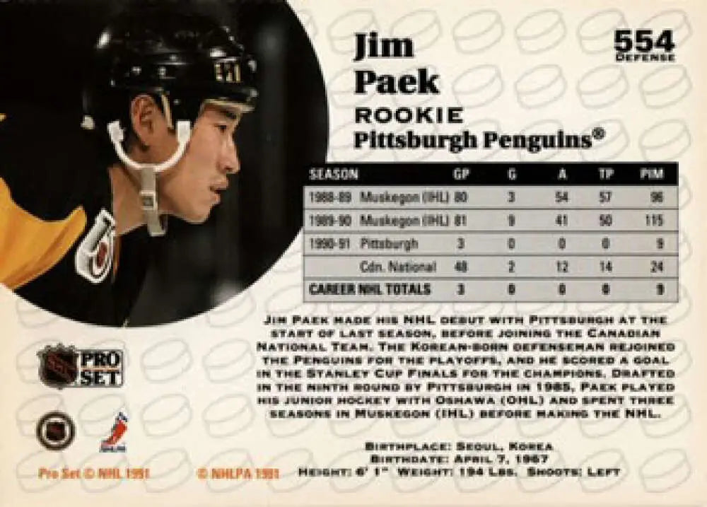 Jim Paek Pittsburgh Penguins hockey card in black and gold uniform, Pro Set Rookie RC