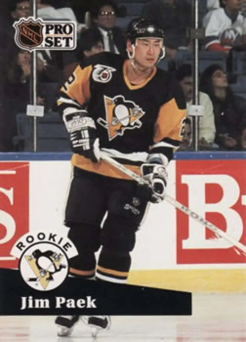 NHL Pro Set hockey card of Jim Paek in Pittsburgh Penguins black and gold uniform