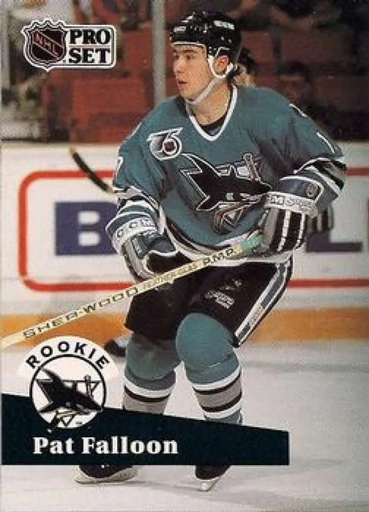 NHL Pro Set hockey card of Pat Falloon in San Jose Sharks teal jersey