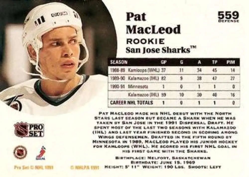 Pat MacLeod San Jose Sharks rookie hockey card in white uniform and helmet