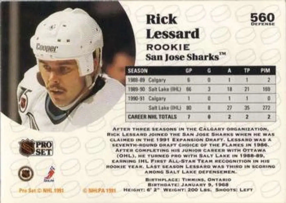 1991-92 Pro Set #560 Rick Lessard San Jose Sharks Hockey Card with white helmet