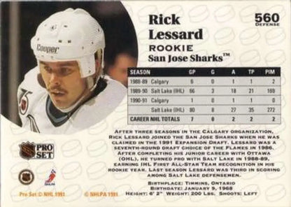 1991-92 Pro Set #560 Rick Lessard San Jose Sharks Hockey Card with white helmet