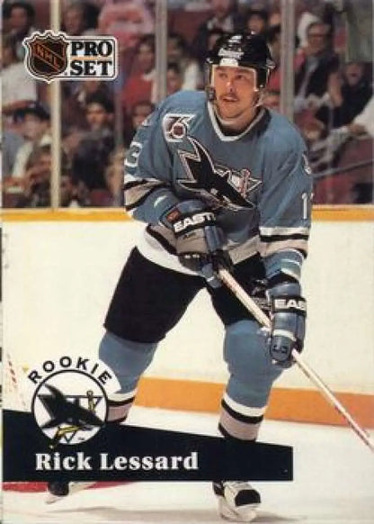 NHL Pro Set hockey card of Rick Lessard in San Jose Sharks uniform, 1991-92 season