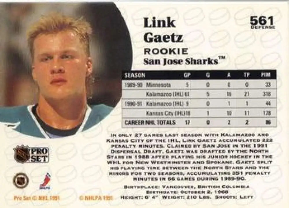 San Jose Sharks hockey card featuring Link Gaetz with player stats and biography