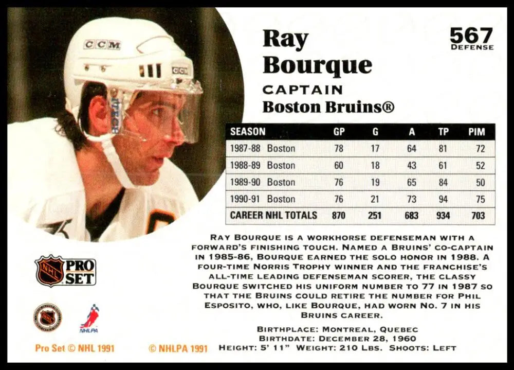 Hockey trading card of Ray Bourque in a Boston Bruins uniform from Pro Set 1991-92