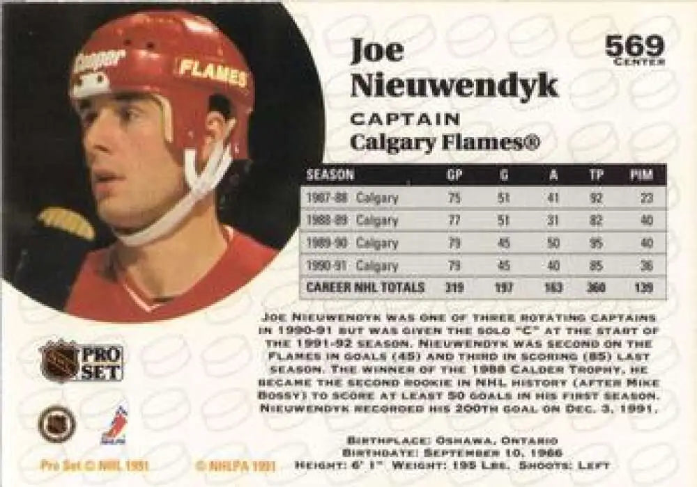 Calgary Flames Joe Nieuwendyk hockey card with player in a red helmet, 1991-92 Pro Set