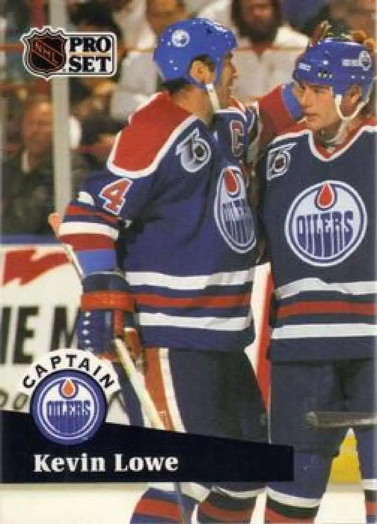 1991-92 Pro Set #572 Kevin Lowe hockey card showcasing Edmonton Oilers classic uniform