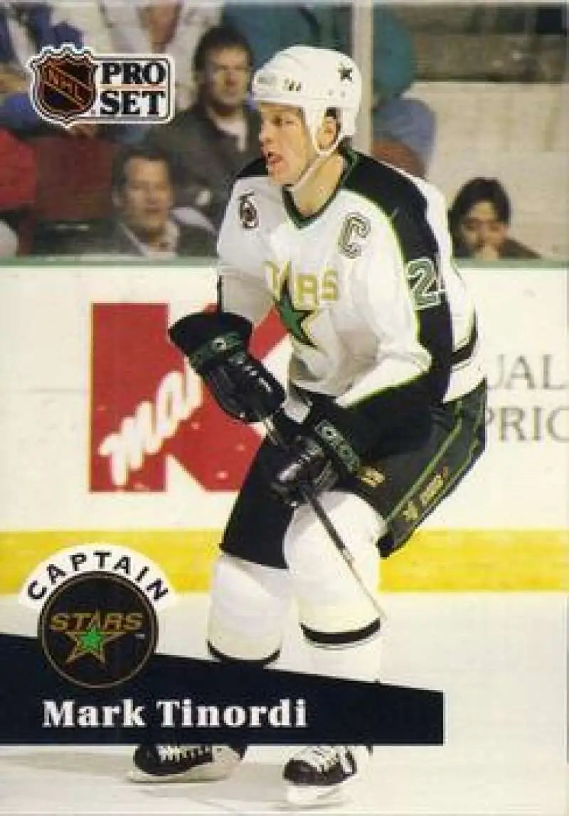 NHL Pro Set hockey card of Mark Tinordi from the Minnesota North Stars in white jersey