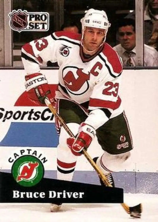 Bruce Driver in New Jersey Devils jersey with captain’s C on 1991-92 Pro Set card