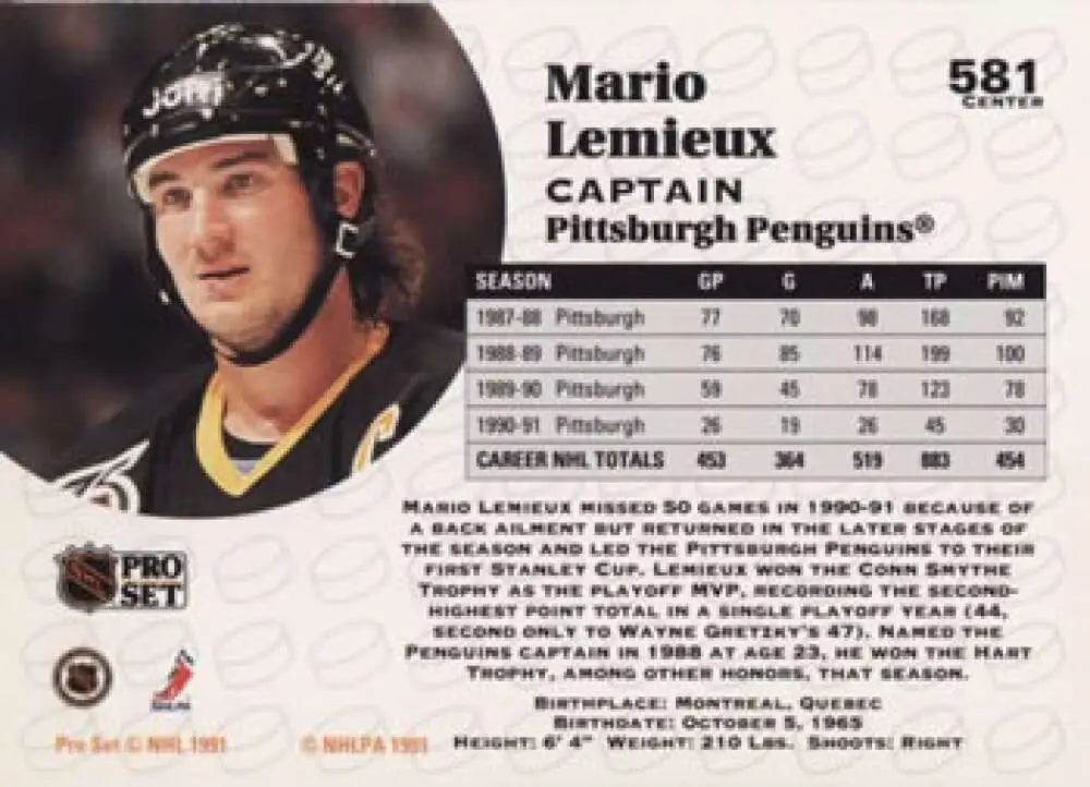 1991-92 Pro Set #581 Mario Lemieux Hockey Card with Pittsburgh Penguins stats and bio