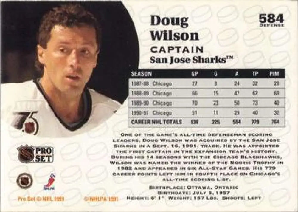 Hockey trading card of Doug Wilson, San Jose Sharks captain, from Pro Set 1991-92