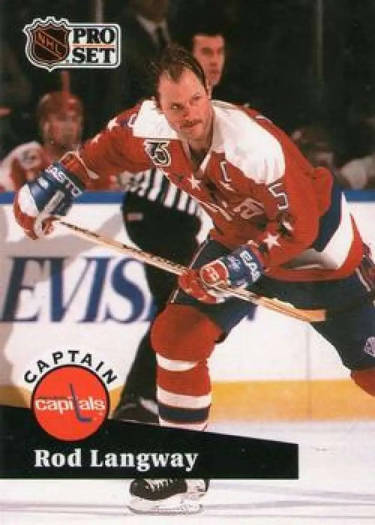 Hockey player in a Washington Capitals jersey skating, featured on Rod Langway card