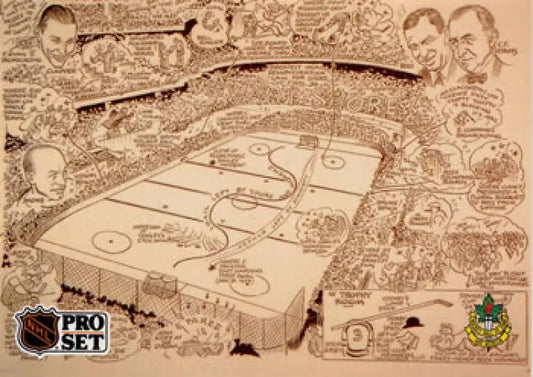 Vintage artistic sketch of a hockey rink with Boston Bruins notes for Pro Set hockey card