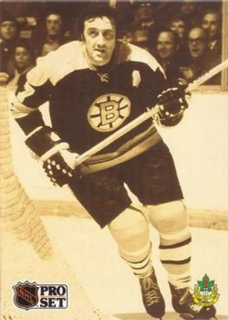 Sepia-toned Hockey Player in Boston Bruins Jersey holding stick for Phil Esposito Hockey Card