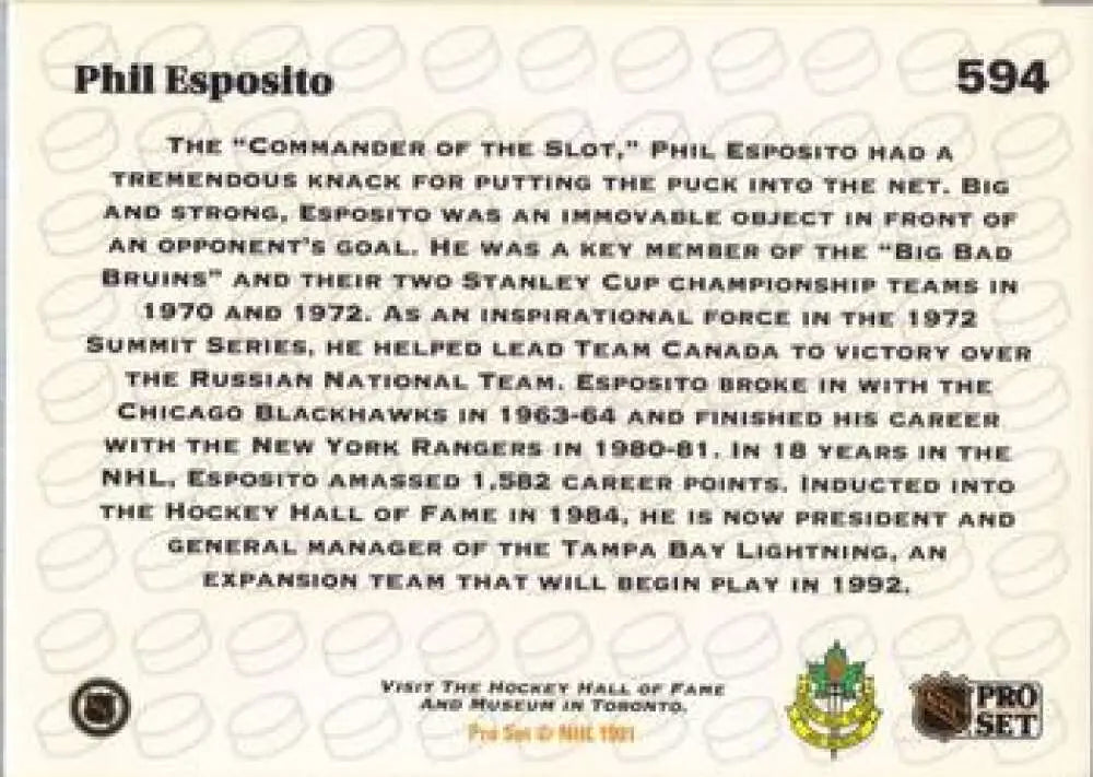 Phil Esposito career achievements on 1991-92 Pro Set hockey card for Boston Bruins