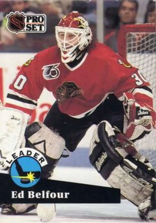 NHL Pro Set hockey card of Ed Belfour, Chicago Blackhawks goalie in red jersey