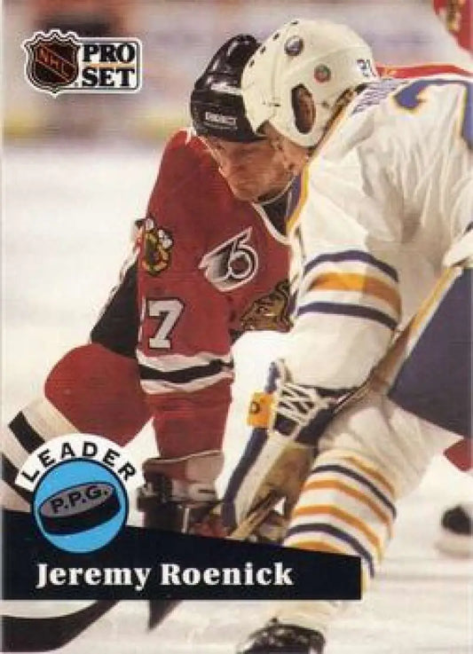 NHL Pro Set trading card of Jeremy Roenick in action for Chicago Blackhawks